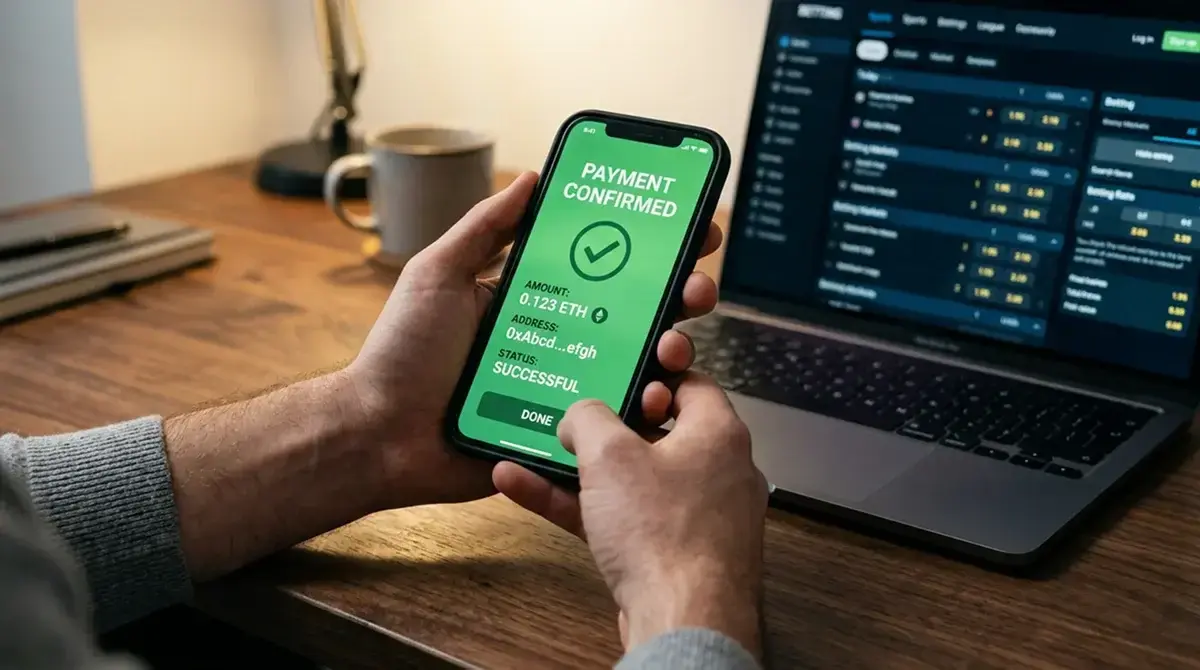 Person using a smartphone crypto wallet to deposit funds for NFL betting