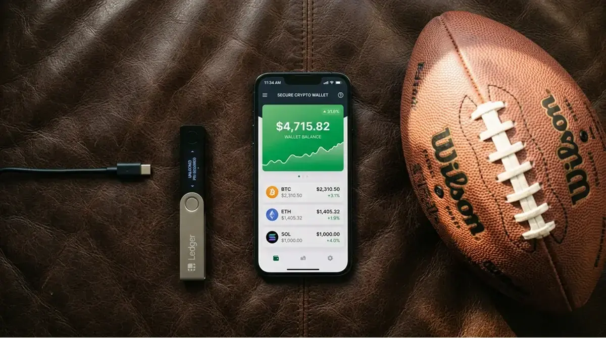 Crypto wallet interface on a smartphone with NFL betting context for UK users