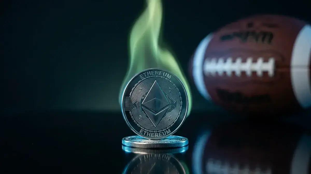 Ethereum logo overlaid on an NFL field graphic representing crypto sports betting