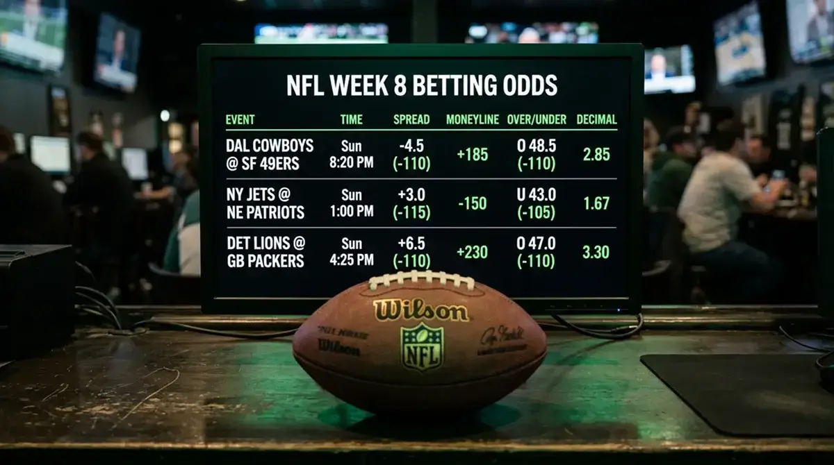 NFL odds board on a crypto sportsbook display showing American and decimal formats side by side