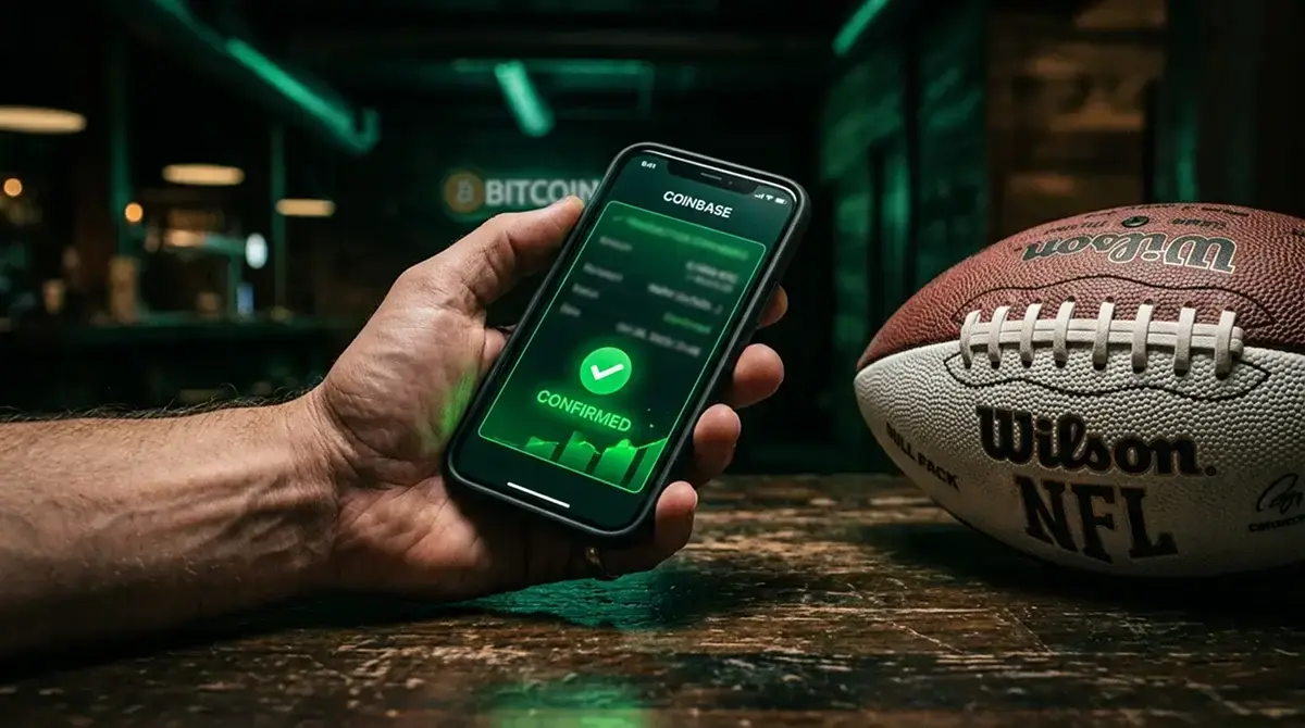 Bitcoin wallet and NFL American football on a dark screen showing a betting slip for a UK bettor