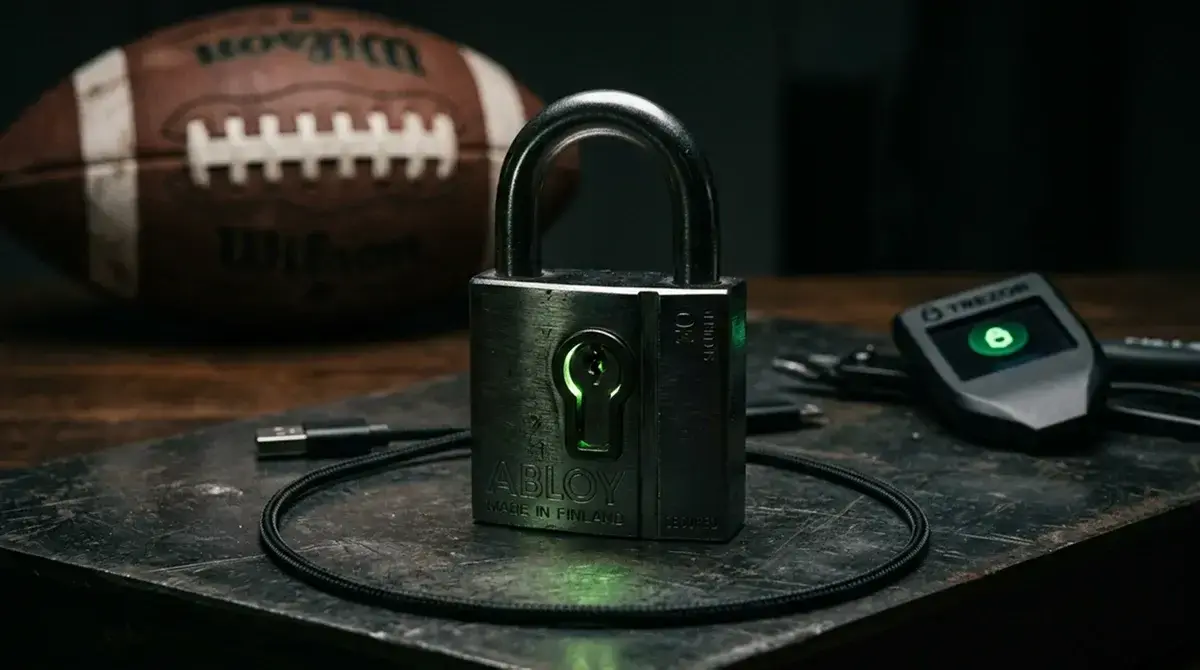 Security shield icon with crypto wallet and NFL sportsbook protection elements
