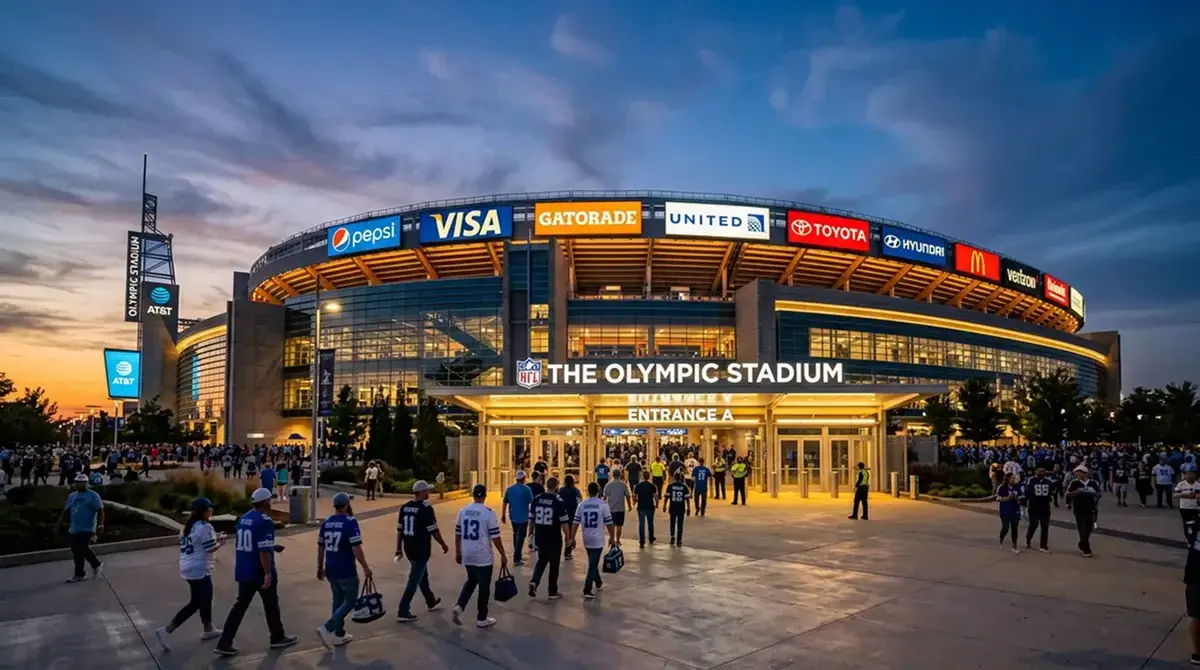 NFL stadium with gambling and crypto sponsorship branding overlay