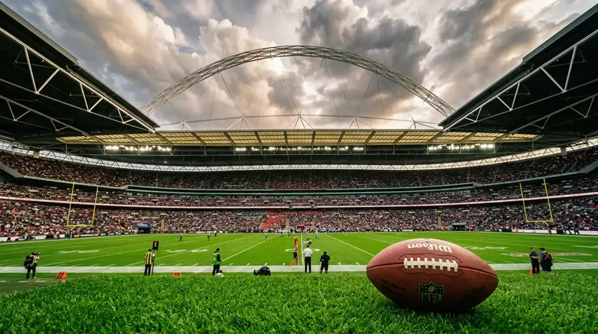 NFL game at a London stadium with crypto betting overlay for UK fans