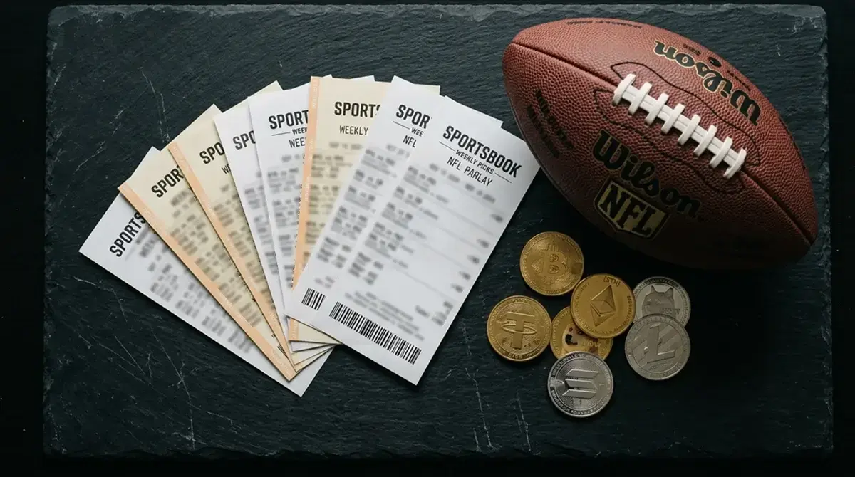 NFL parlay bet slip on a crypto sportsbook showing multiple legs and potential payout